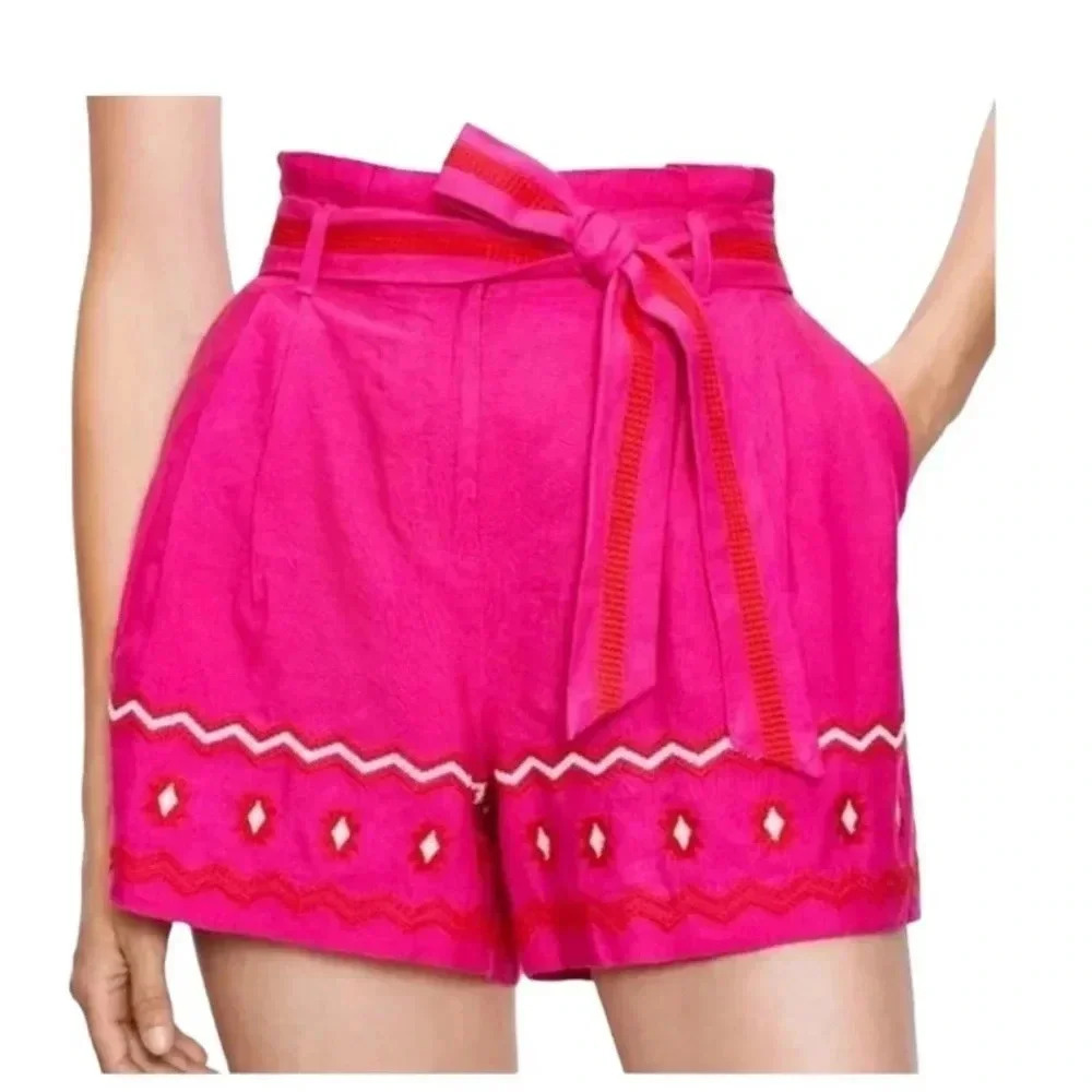 LOFT High Waist PaperBag Belted Embroidered Boho Aztec Linen Blend Shorts Size L